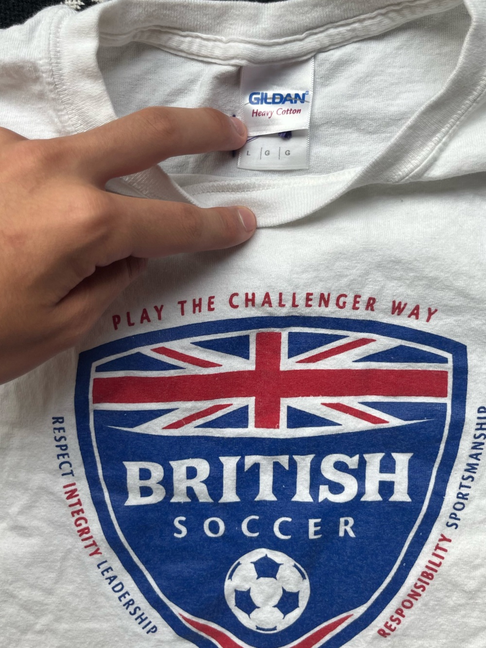 Gildan White Tee with Blue and Red British Soccer Crest